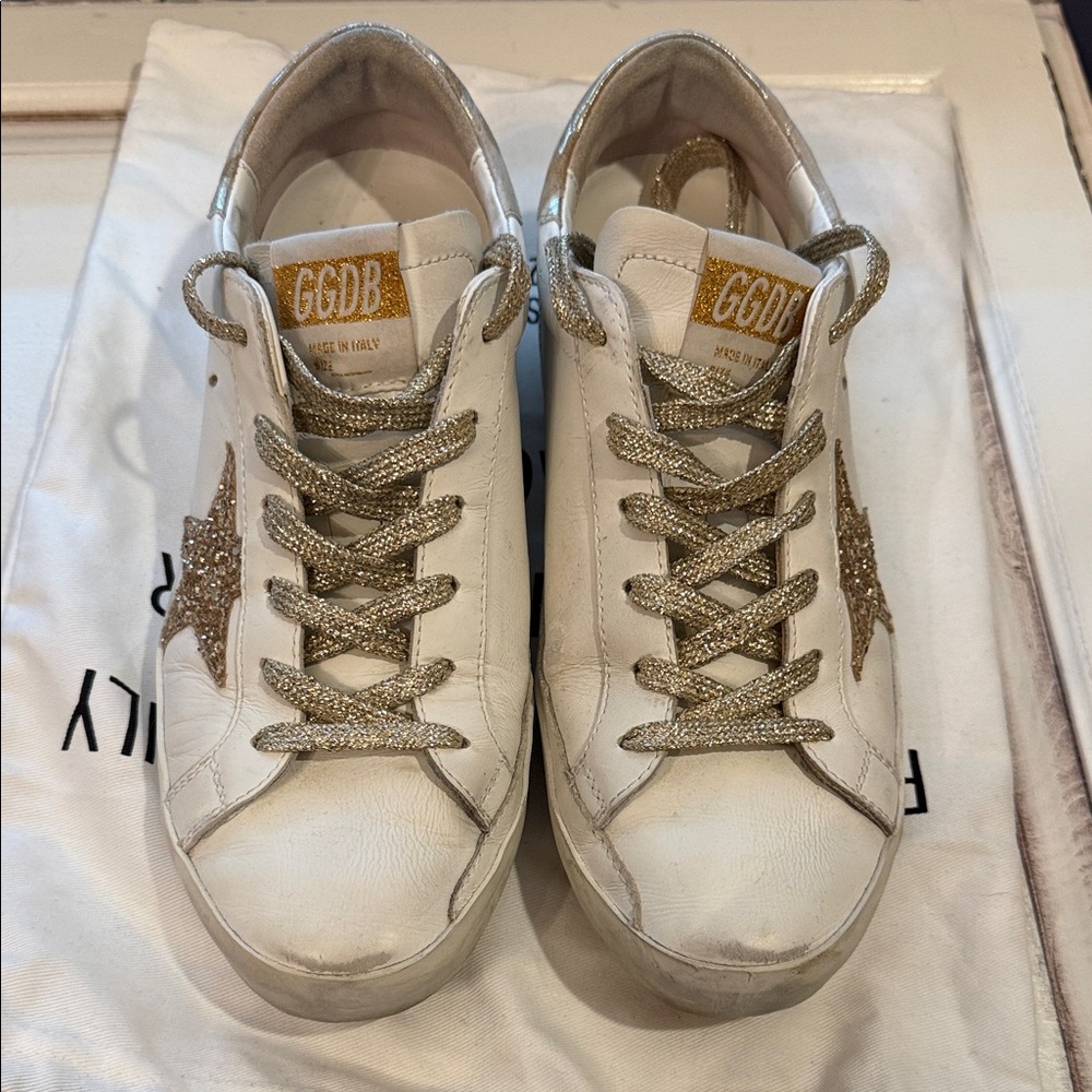 Golden Goose White and Gold Super-Star Sneakers